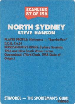 1989 Scanlens #87 Steve Hanson Back